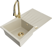 Mexen Cesar zlewozmywak granitowy 1-komorowy z ociekaczem i baterią kuchenną Elia, beżowy - 6514-69-670101-50