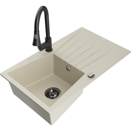 Mexen Cesar zlewozmywak granitowy 1-komorowy z ociekaczem i baterią kuchenną Elia, beżowy - 6514-69-670101-70