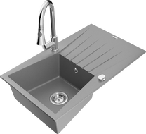 Mexen Cesar zlewozmywak granitowy 1-komorowy z ociekaczem i baterią kuchenną Elia, szary - 6514-71-670101-00