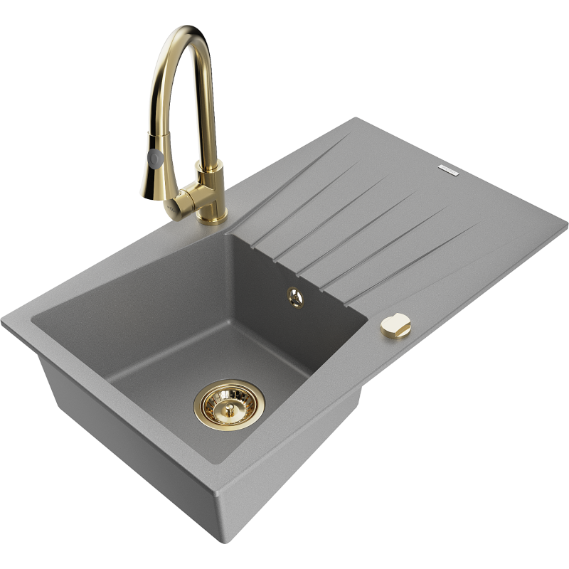 Mexen Cesar zlewozmywak granitowy 1-komorowy z ociekaczem i baterią kuchenną Elia, szary - 6514-71-670101-50
