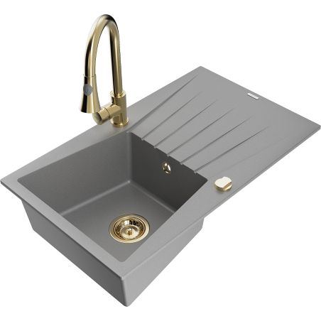 Mexen Cesar zlewozmywak granitowy 1-komorowy z ociekaczem i baterią kuchenną Elia, szary - 6514-71-670101-50