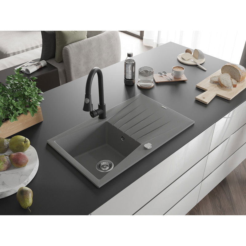 Mexen Cesar zlewozmywak granitowy 1-komorowy z ociekaczem i baterią kuchenną Elia, szary - 6514-71-670101-70