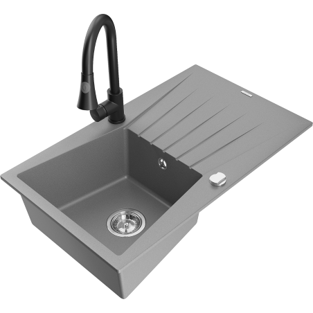 Mexen Cesar zlewozmywak granitowy 1-komorowy z ociekaczem i baterią kuchenną Elia, szary - 6514-71-670101-70