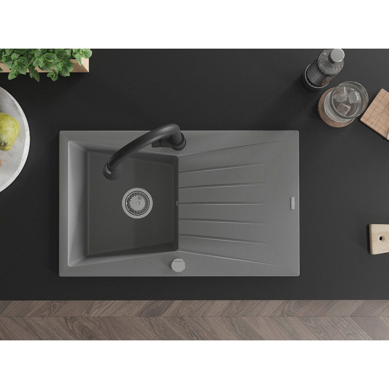 Mexen Cesar zlewozmywak granitowy 1-komorowy z ociekaczem i baterią kuchenną Elia, szary - 6514-71-670101-70
