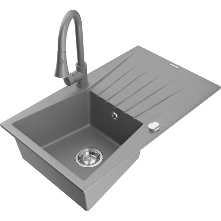 Mexen Cesar zlewozmywak granitowy 1-komorowy z ociekaczem i baterią kuchenną Elia, szary - 6514-71-670101-71