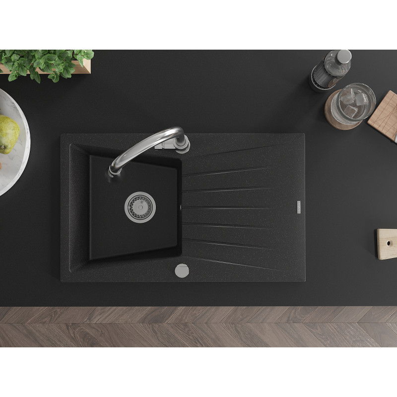 Mexen Cesar zlewozmywak granitowy 1-komorowy z ociekaczem i baterią kuchenną Elia, czarny/srebrny metalik - 6514-73-670101-00