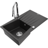 Mexen Cesar zlewozmywak granitowy 1-komorowy z ociekaczem i baterią kuchenną Elia, czarny/srebrny metalik - 6514-73-670101-00