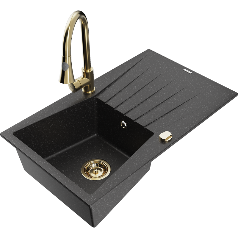 Mexen Cesar zlewozmywak granitowy 1-komorowy z ociekaczem i baterią kuchenną Elia, czarny/srebrny metalik - 6514-73-670101-50