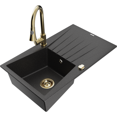 Mexen Cesar zlewozmywak granitowy 1-komorowy z ociekaczem i baterią kuchenną Elia, czarny/srebrny metalik - 6514-73-670101-50