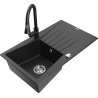 Mexen Cesar zlewozmywak granitowy 1-komorowy z ociekaczem i baterią kuchenną Elia, czarny/srebrny metalik - 6514-73-670101-70