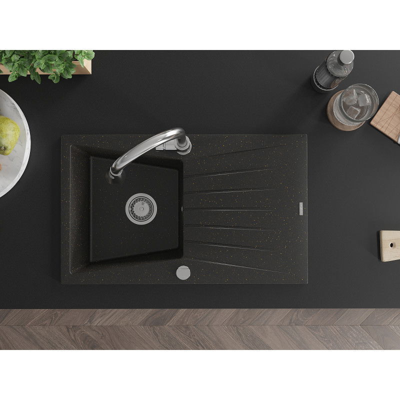Mexen Cesar zlewozmywak granitowy 1-komorowy z ociekaczem i baterią kuchenną Elia, czarny/złoty metalik - 6514-75-670101-00
