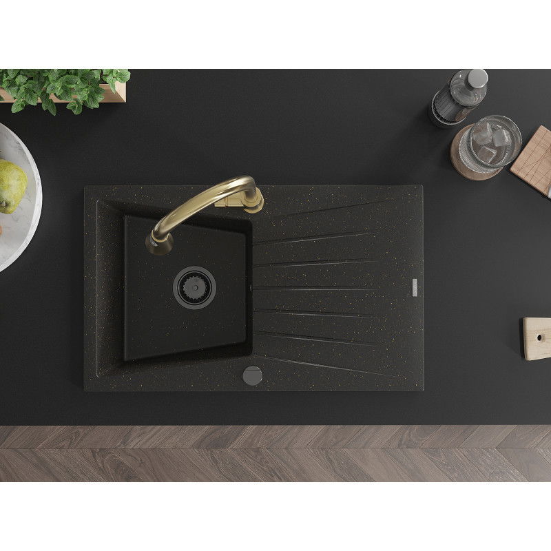Mexen Cesar zlewozmywak granitowy 1-komorowy z ociekaczem i baterią kuchenną Elia, czarny/złoty metalik - 6514-75-670101-50-B