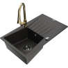 Mexen Cesar zlewozmywak granitowy 1-komorowy z ociekaczem i baterią kuchenną Elia, czarny/złoty metalik - 6514-75-670101-50-B