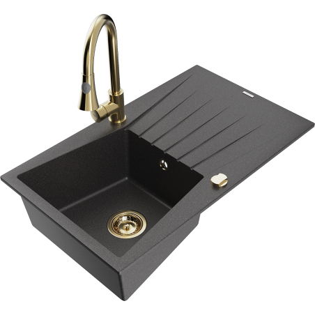 Mexen Cesar zlewozmywak granitowy 1-komorowy z ociekaczem i baterią kuchenną Elia, czarny nakrapiany - 6514-76-670101-50