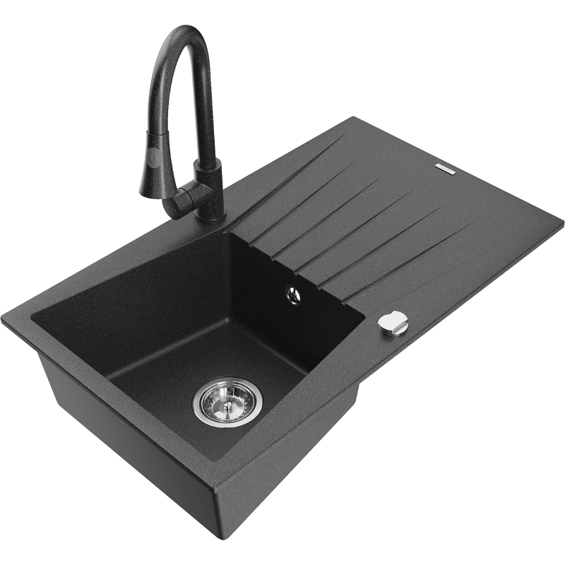 Mexen Cesar zlewozmywak granitowy 1-komorowy z ociekaczem i baterią kuchenną Elia, czarny nakrapiany - 6514-76-670101-76
