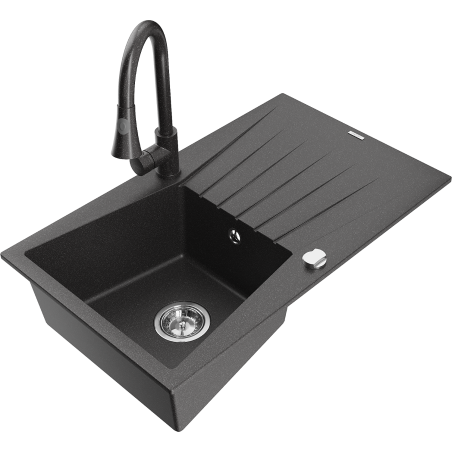 Mexen Cesar zlewozmywak granitowy 1-komorowy z ociekaczem i baterią kuchenną Elia, czarny nakrapiany - 6514-76-670101-76