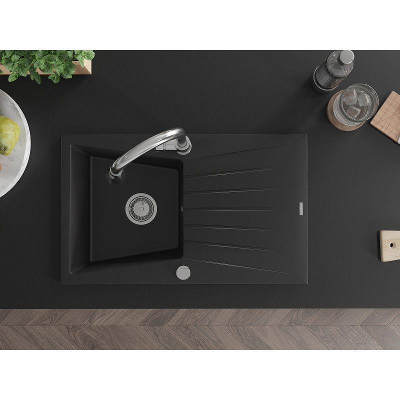Mexen Cesar zlewozmywak granitowy 1-komorowy z ociekaczem i baterią kuchenną Elia, czarny - 6514-77-670101-00