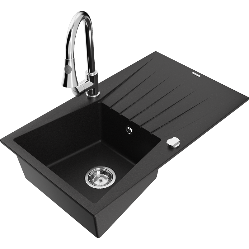 Mexen Cesar zlewozmywak granitowy 1-komorowy z ociekaczem i baterią kuchenną Elia, czarny - 6514-77-670101-00