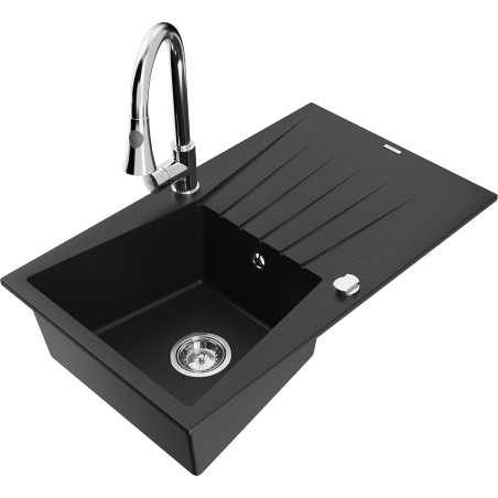 Mexen Cesar zlewozmywak granitowy 1-komorowy z ociekaczem i baterią kuchenną Elia, czarny - 6514-77-670101-00