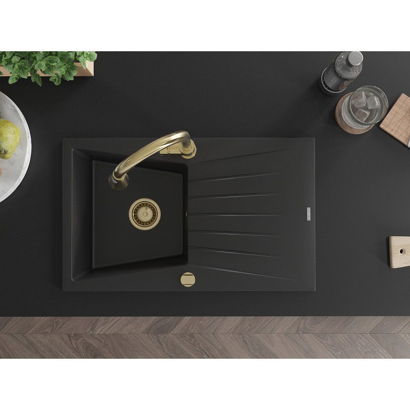 Mexen Cesar zlewozmywak granitowy 1-komorowy z ociekaczem i baterią kuchenną Elia, czarny - 6514-77-670101-50