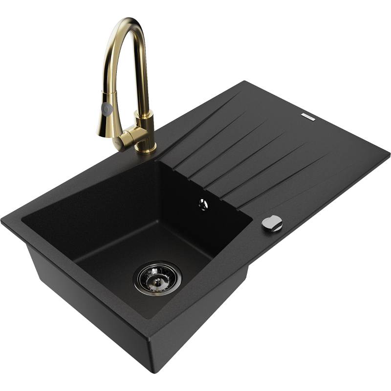 Mexen Cesar zlewozmywak granitowy 1-komorowy z ociekaczem i baterią kuchenną Elia, czarny - 6514-77-670101-50-B