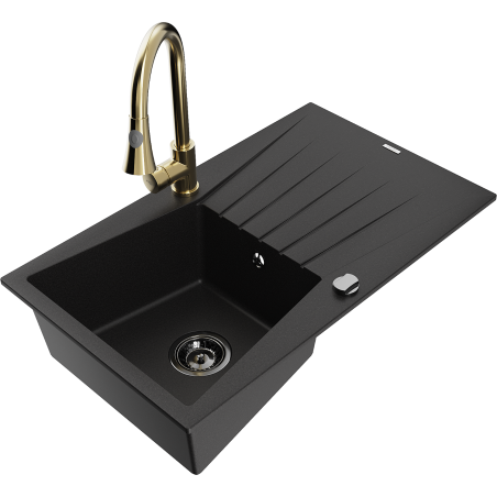 Mexen Cesar zlewozmywak granitowy 1-komorowy z ociekaczem i baterią kuchenną Elia, czarny - 6514-77-670101-50-B