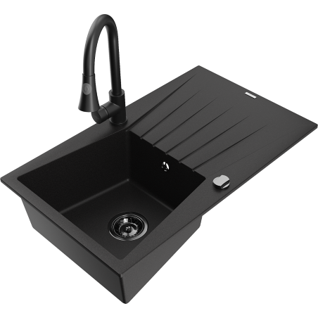 Mexen Cesar zlewozmywak granitowy 1-komorowy z ociekaczem i baterią kuchenną Elia, czarny - 6514-77-670101-70-B