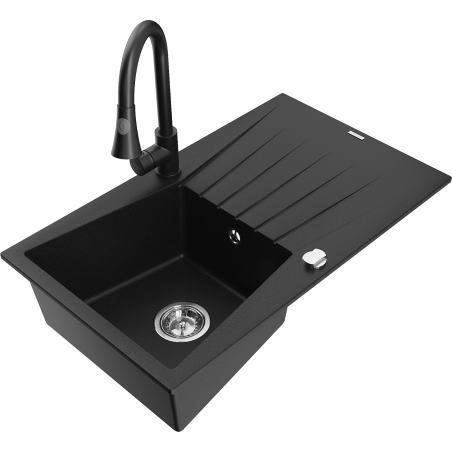 Mexen Cesar zlewozmywak granitowy 1-komorowy z ociekaczem i baterią kuchenną Elia, czarny - 6514-77-670101-70