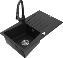 Mexen Cesar zlewozmywak granitowy 1-komorowy z ociekaczem i baterią kuchenną Elia, czarny - 6514-77-670101-70