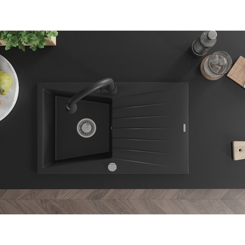 Mexen Cesar zlewozmywak granitowy 1-komorowy z ociekaczem i baterią kuchenną Elia, czarny - 6514-77-670101-70