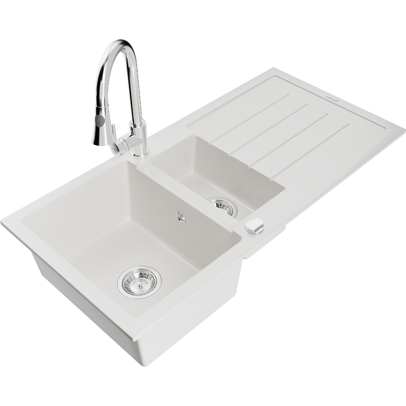 Mexen Andres zlewozmywak granitowy 1,5-komorowy z ociekaczem i baterią kuchenną Elia, biały - 6515-20-670101-00