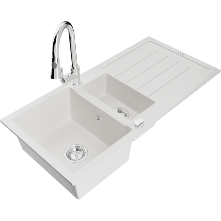 Mexen Andres zlewozmywak granitowy 1,5-komorowy z ociekaczem i baterią kuchenną Elia, biały - 6515-20-670101-00