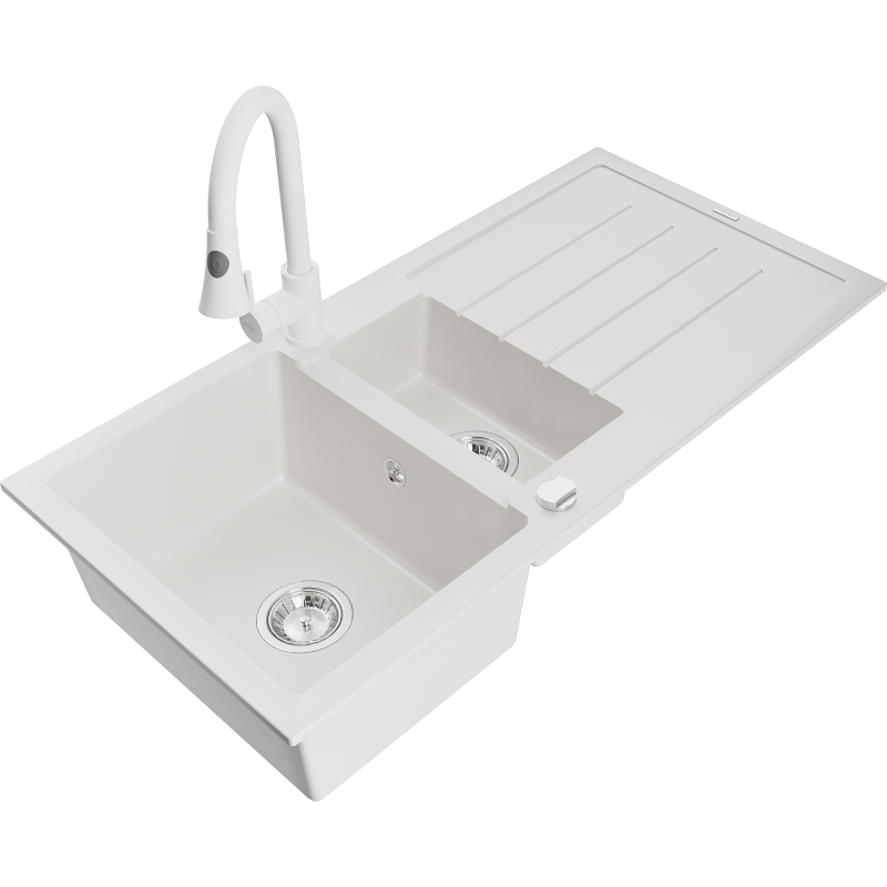 Mexen Andres zlewozmywak granitowy 1,5-komorowy z ociekaczem i baterią kuchenną Elia, biały - 6515-20-670101-20