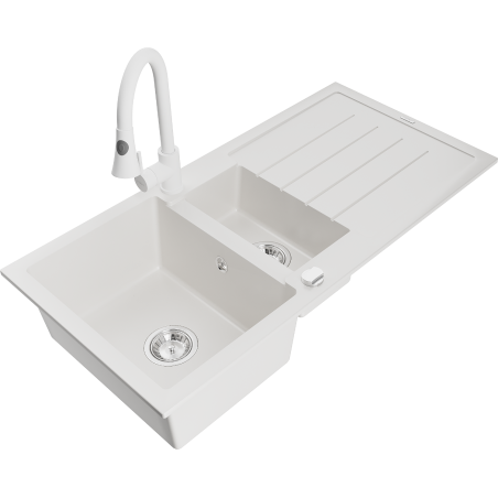 Mexen Andres zlewozmywak granitowy 1,5-komorowy z ociekaczem i baterią kuchenną Elia, biały - 6515-20-670101-20