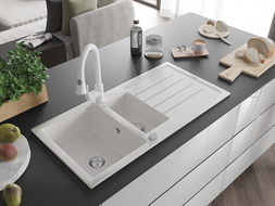 Mexen Andres zlewozmywak granitowy 1,5-komorowy z ociekaczem i baterią kuchenną Elia, biały - 6515-20-670101-20