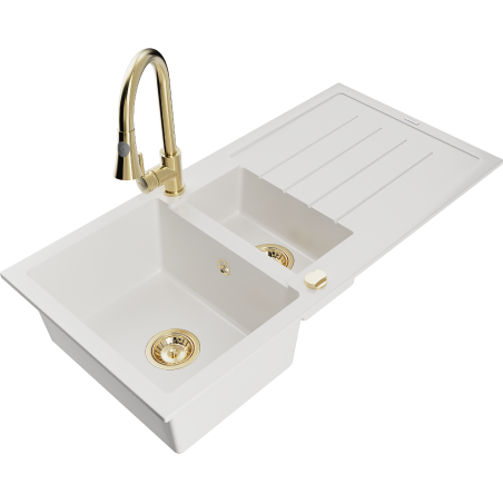 Mexen Andres zlewozmywak granitowy 1,5-komorowy z ociekaczem i baterią kuchenną Elia, biały - 6515-20-670101-50