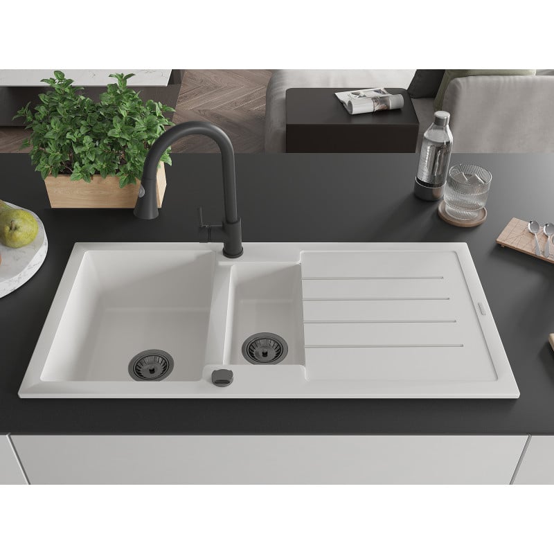 Mexen Andres zlewozmywak granitowy 1,5-komorowy z ociekaczem i baterią kuchenną Elia, biały - 6515-20-670101-70