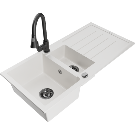 Mexen Andres zlewozmywak granitowy 1,5-komorowy z ociekaczem i baterią kuchenną Elia, biały - 6515-20-670101-70