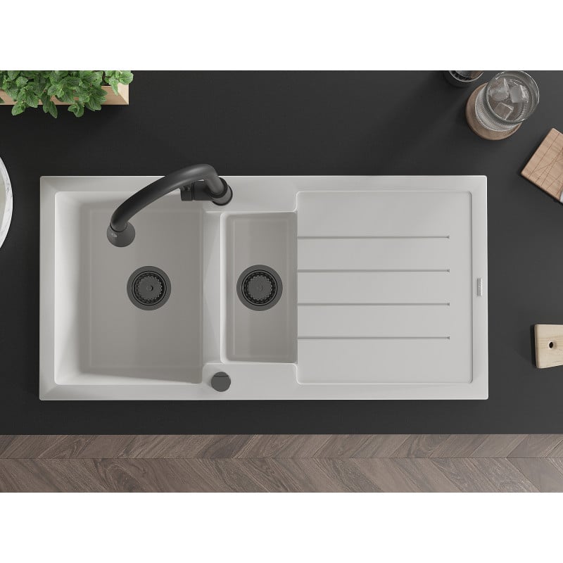 Mexen Andres zlewozmywak granitowy 1,5-komorowy z ociekaczem i baterią kuchenną Elia, biały - 6515-20-670101-70