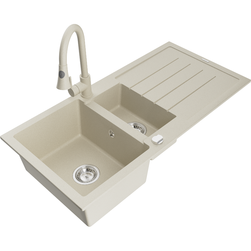 Mexen Andres zlewozmywak granitowy 1,5-komorowy z ociekaczem i baterią kuchenną Elia, beżowy - 6515-69-670101-69