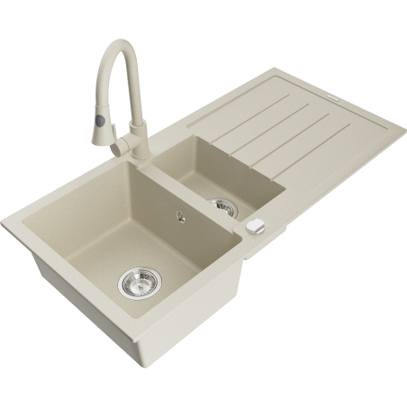 Mexen Andres zlewozmywak granitowy 1,5-komorowy z ociekaczem i baterią kuchenną Elia, beżowy - 6515-69-670101-69