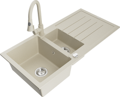 Mexen Andres zlewozmywak granitowy 1,5-komorowy z ociekaczem i baterią kuchenną Elia, beżowy - 6515-69-670101-69