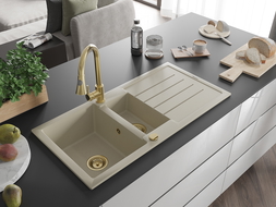 Mexen Andres zlewozmywak granitowy 1,5-komorowy z ociekaczem i baterią kuchenną Elia, beżowy - 6515-69-670101-50