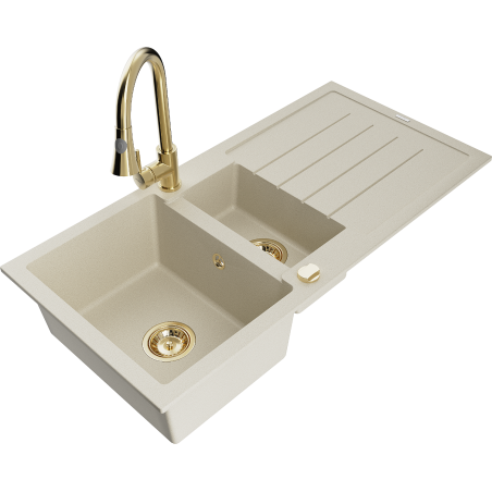 Mexen Andres zlewozmywak granitowy 1,5-komorowy z ociekaczem i baterią kuchenną Elia, beżowy - 6515-69-670101-50