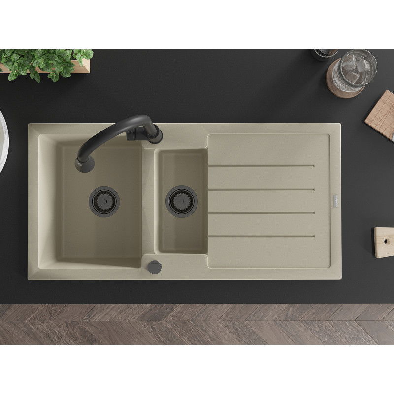 Mexen Andres zlewozmywak granitowy 1,5-komorowy z ociekaczem i baterią kuchenną Elia, beżowy - 6515-69-670101-70