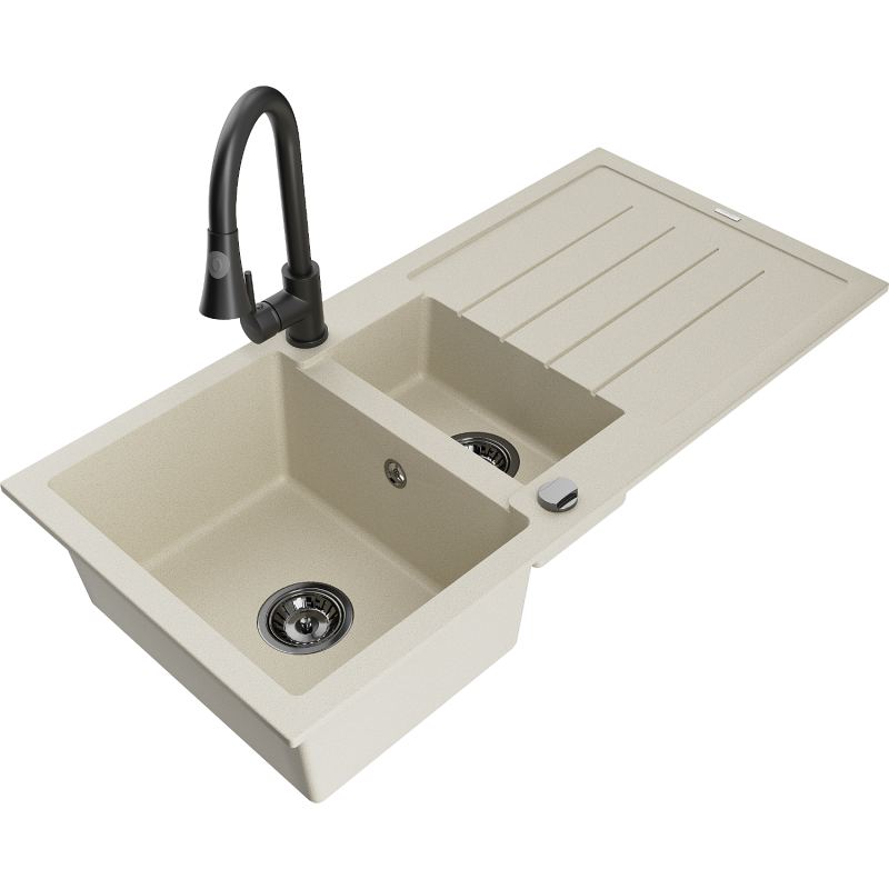 Mexen Andres zlewozmywak granitowy 1,5-komorowy z ociekaczem i baterią kuchenną Elia, beżowy - 6515-69-670101-70