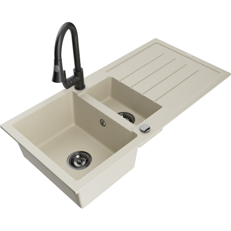 Mexen Andres zlewozmywak granitowy 1,5-komorowy z ociekaczem i baterią kuchenną Elia, beżowy - 6515-69-670101-70
