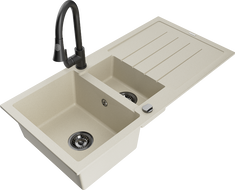 Mexen Andres zlewozmywak granitowy 1,5-komorowy z ociekaczem i baterią kuchenną Elia, beżowy - 6515-69-670101-70
