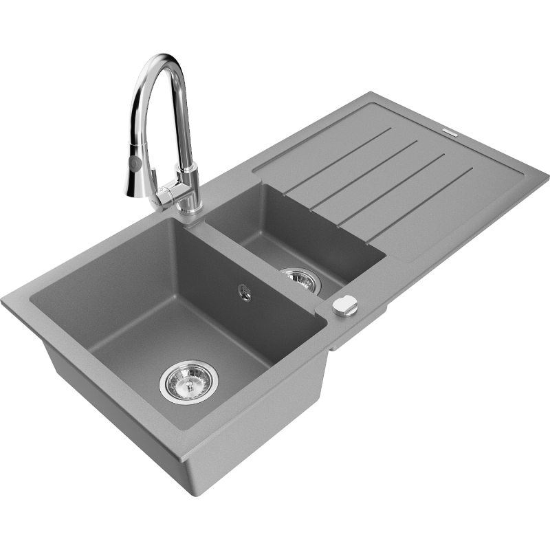 Mexen Andres zlewozmywak granitowy 1,5-komorowy z ociekaczem i baterią kuchenną Elia, szary - 6515-71-670101-00