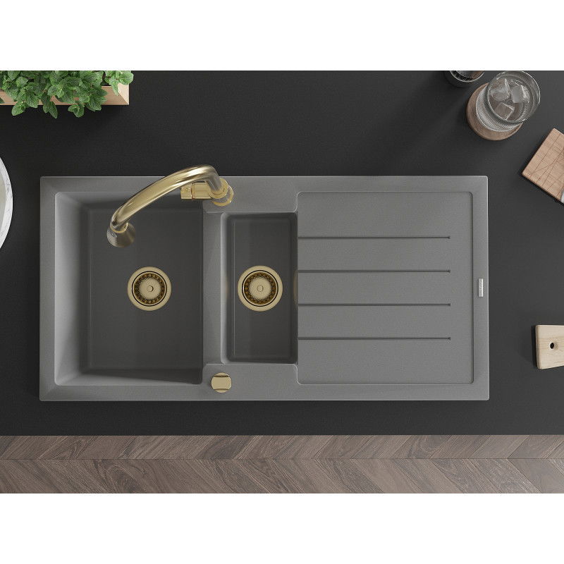 Mexen Andres zlewozmywak granitowy 1,5-komorowy z ociekaczem i baterią kuchenną Elia, szary - 6515-71-670101-50